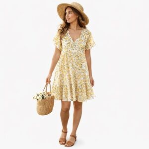 Anthropologie Yellow floral Robin Tiered Dress L boho chic cottagecore​